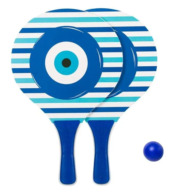 Set Rachete de Plajă din lemn pentru copii, 3 piese, model Blue Eye, minge inclusă, 38x24 , 3 ani +