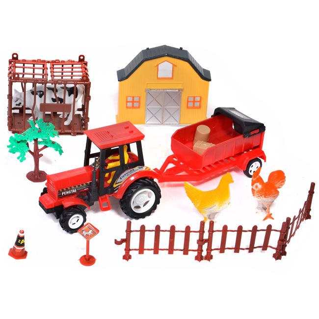 Set fermă cu hambar, tractor și animale, 12 piese, 37x29x8 cm, 3 ani +