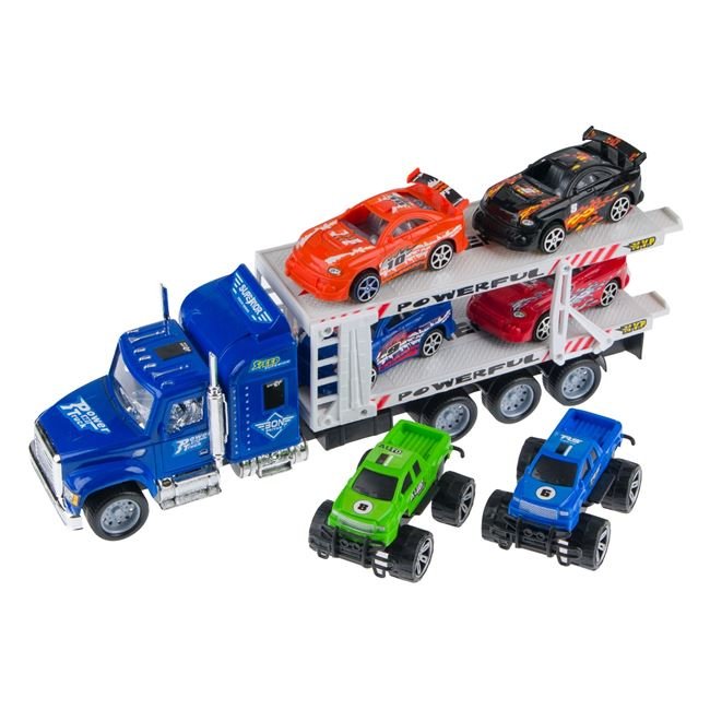 Camion de transport 6 mașini de curse, Albastru, Scara 1:32, 54.5x9x16.5 cm, 3 ani +