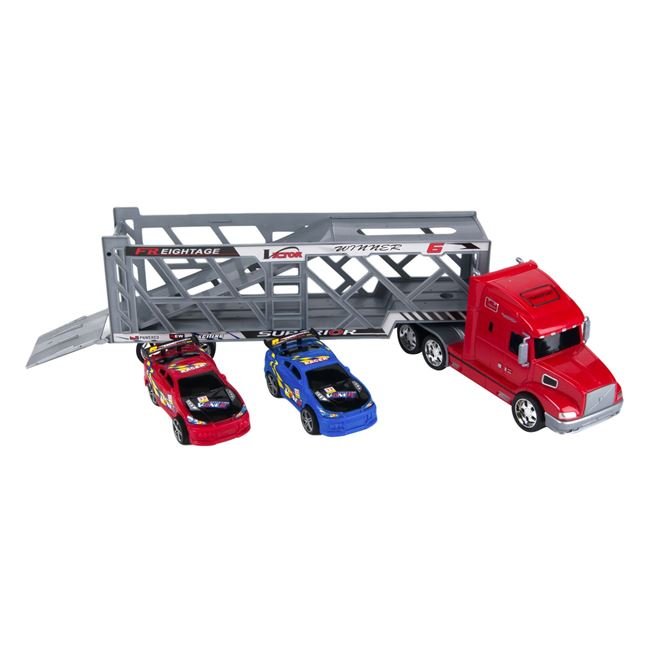 Camion de transport 2 mașini de curse, Roșu, Scara 1:24, 66x10x16 cm, 3 ani +