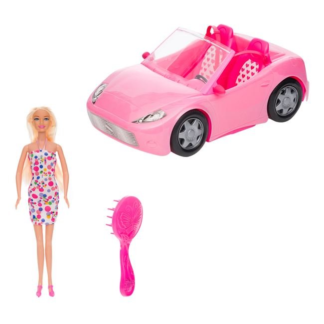 Păpușă cu mașinuță decapotabilă roz, 39x20x20 cm, 3 ani +