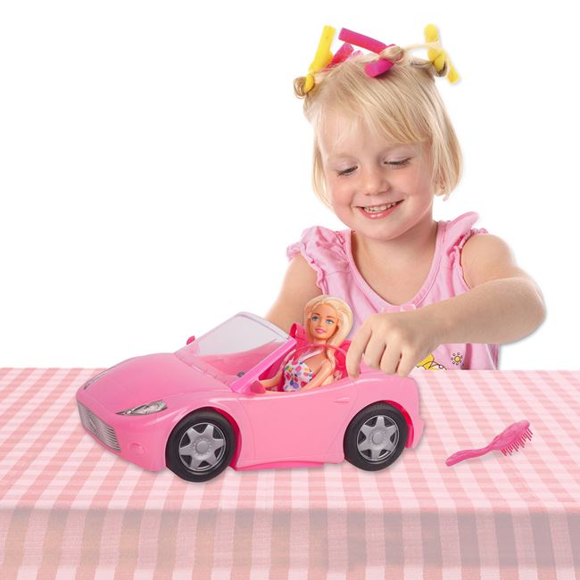Păpușă cu mașinuță decapotabilă roz, 39x20x20 cm, 3 ani +