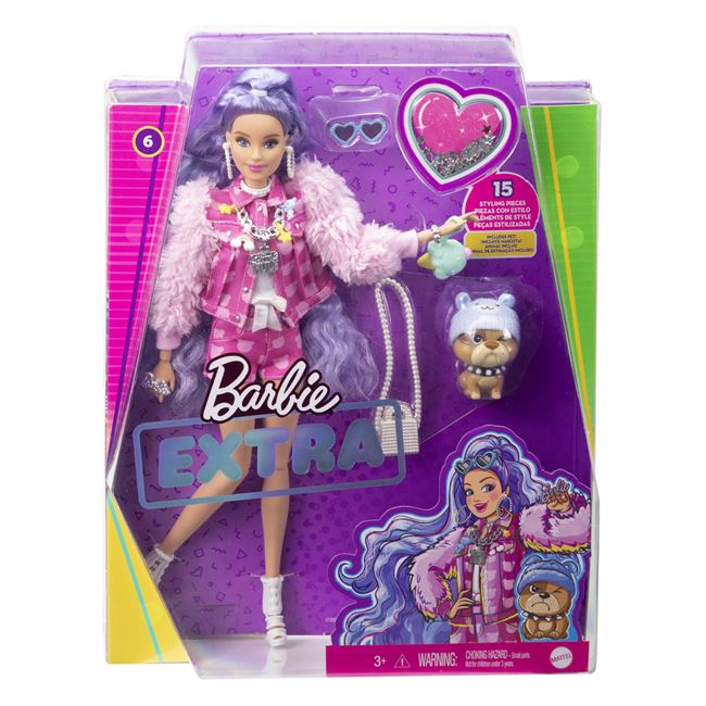 Păpușă Barbie Extra Purple Hair cu cățel, Mattel, 24x7.5x33 cm, 3 ani +