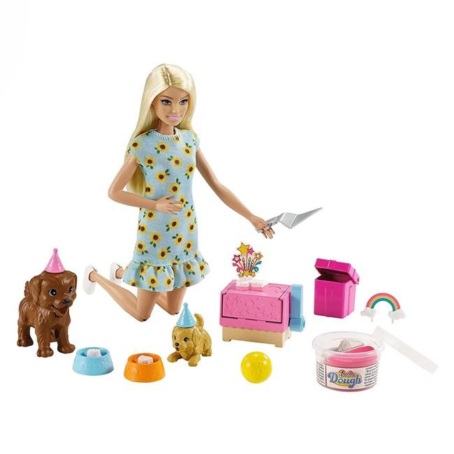 Păpușa Barbie aniversare cu căței, Mattel, 23x6.5x32.5 cm, 3 ani +