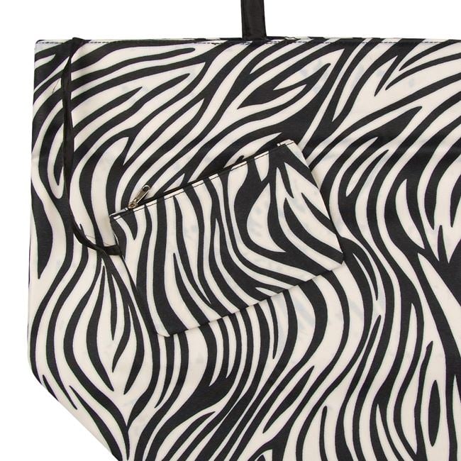 Geanta de Plaja Design Zebra 59x40x22 cm cu spatiu generos pentru prosop, pareo si costum de baie, cu portofel atasat si manere confortabile de 20 cm