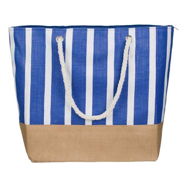 Geantă de plajă din paie cu dungă albastră, 55x15x41cm, perfectă pentru vara ta. Mânere de frânghie albă și buzunar interior
