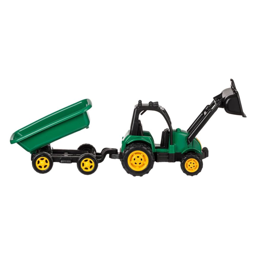 Tractor Jucarie Verde cu Excavator & Remorca, 55x14x19 cm